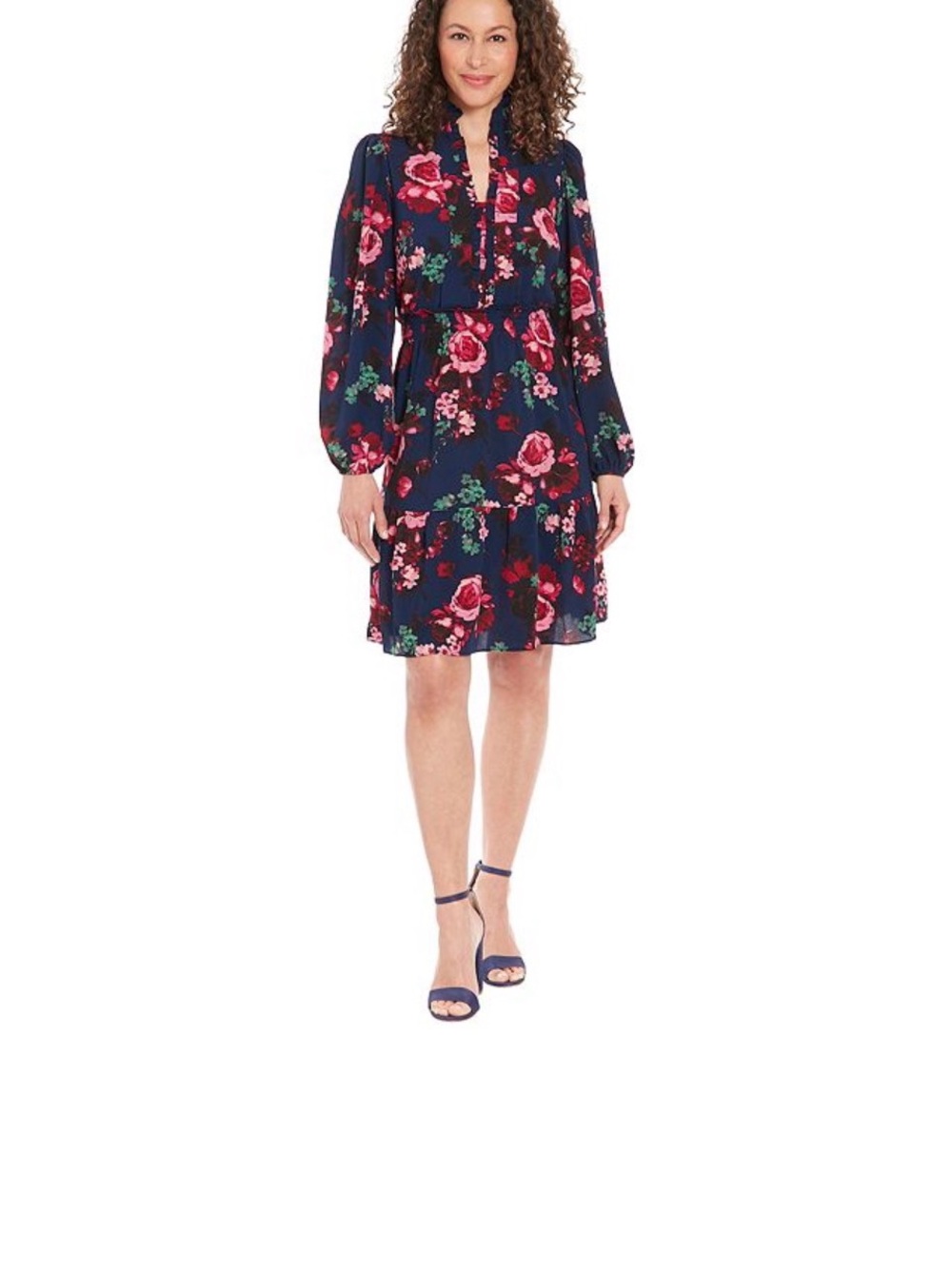 London Times Navy Long-Sleeve Floral Tiered Dress with Pink Roses